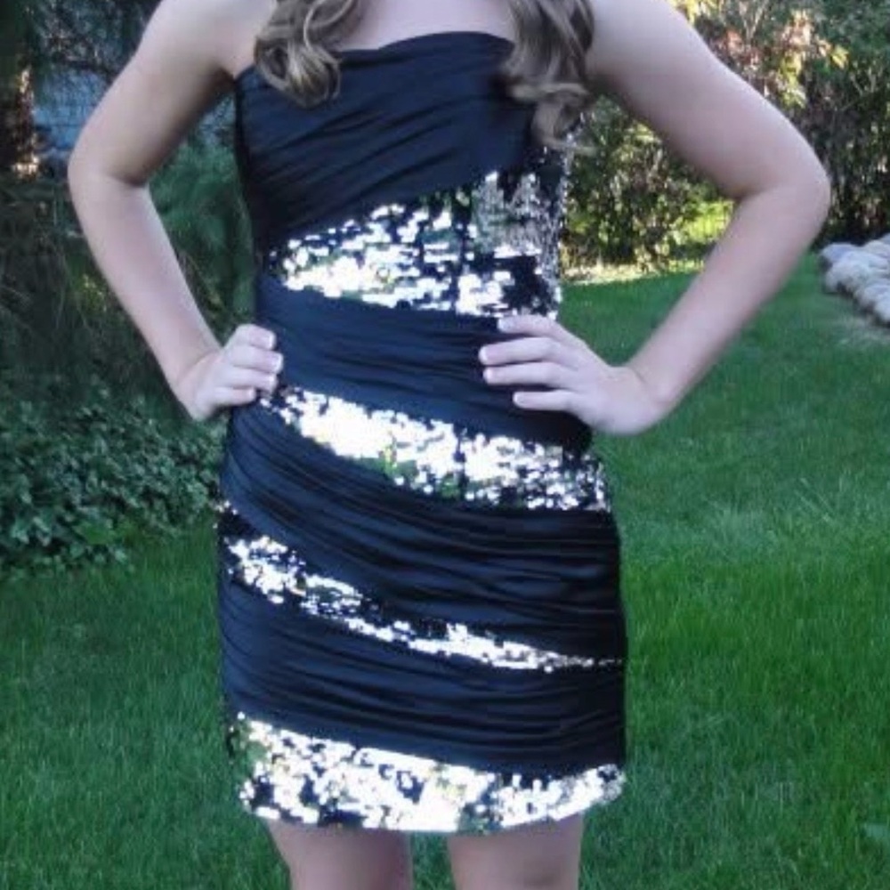 Mori Lee ~ Strapless Black & Silver Sequin Dress